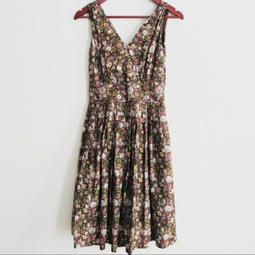 ARYEH Floral Cottagecore Rockabilly Fit & Flare Pleated Dress Brown Size S